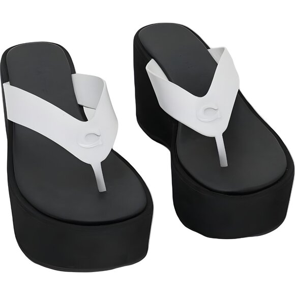 Coach Sculpted C Platform Thong Sandals White Black Women US 7M EU 37 - Picture 1 of 6